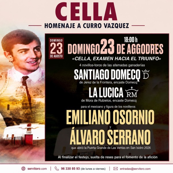 Bullfight tickets Cella - Novillada on August 23rd