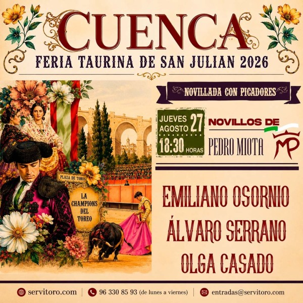 Cuenca Novillada Tickets 2026 | Emiliano Osornio, Álvaro Serrano and Olga Casado