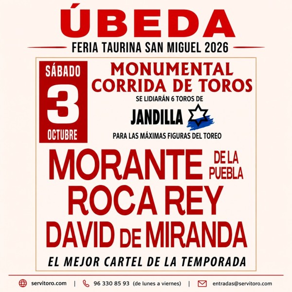 Entradas Toros Úbeda 2026 – Feria de San Miguel – 3 octubre - Corrida de toros