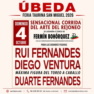 Entradas Toros Úbeda 2026 – Feria de San Miguel – 4 octubre - Corrida de rejones