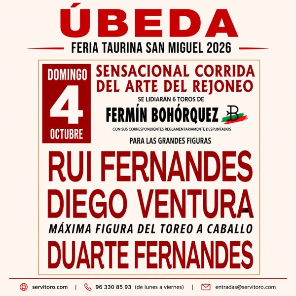 Entradas Toros Úbeda 2026 – Feria de San Miguel – 4 octubre - Corrida de rejones